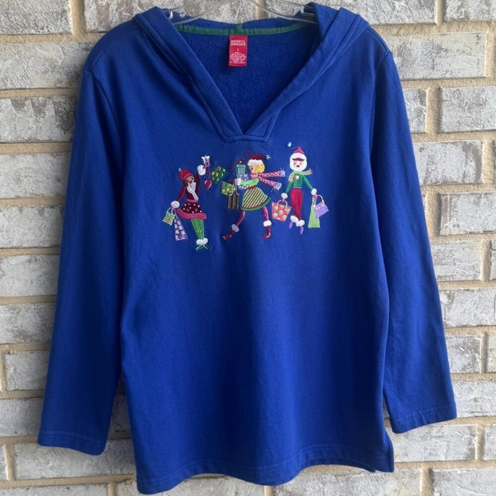 Merry & Bright Holiday Embroidery Long Sleeve V-Neck Hooded Shirt Women's Size L